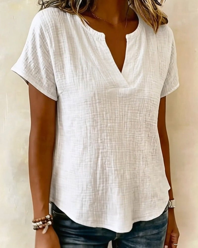V-Neck Solid Color Short-Sleeved Blouse