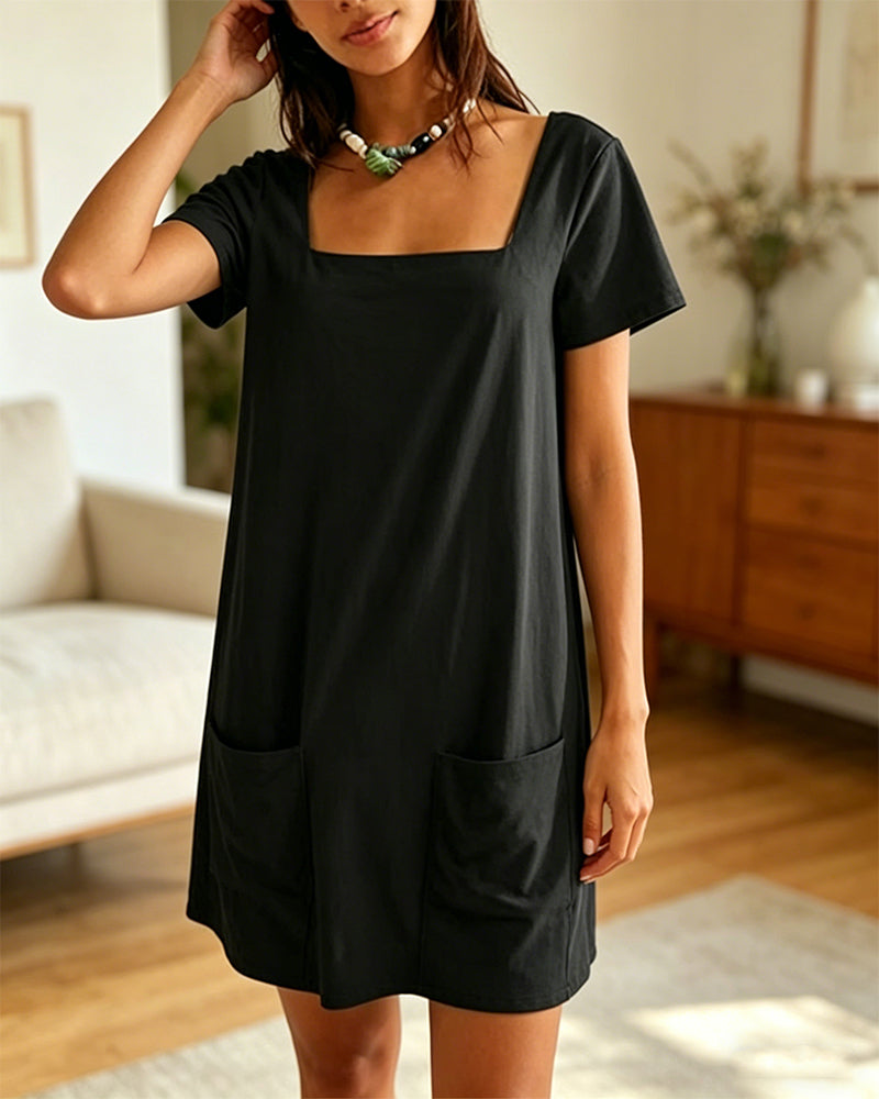 Square Neck Short-Sleeved Pocket Dress