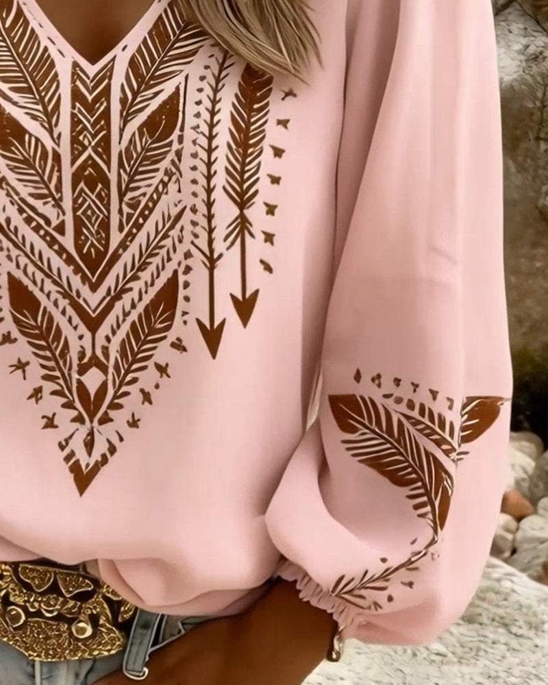 Puffed Sleeve V-Neck Loose Blouse