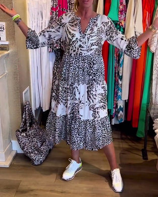 Leopard print 3/4 sleeve casual dress