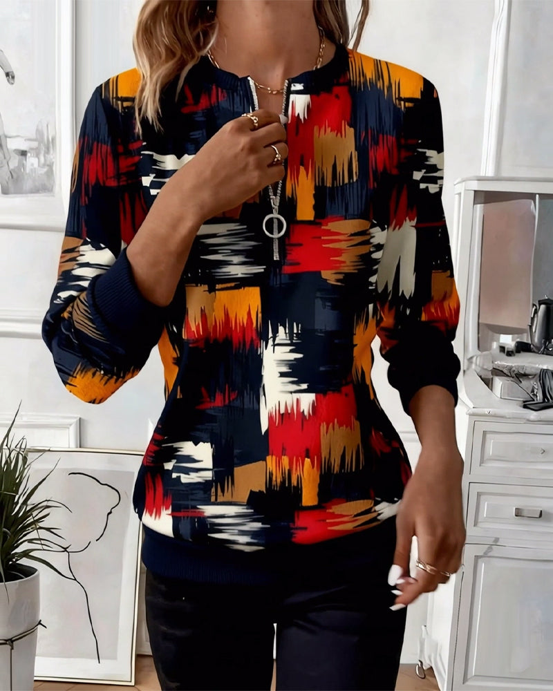 Casual Zipper Printed Fashion Pullover Sweatshirt