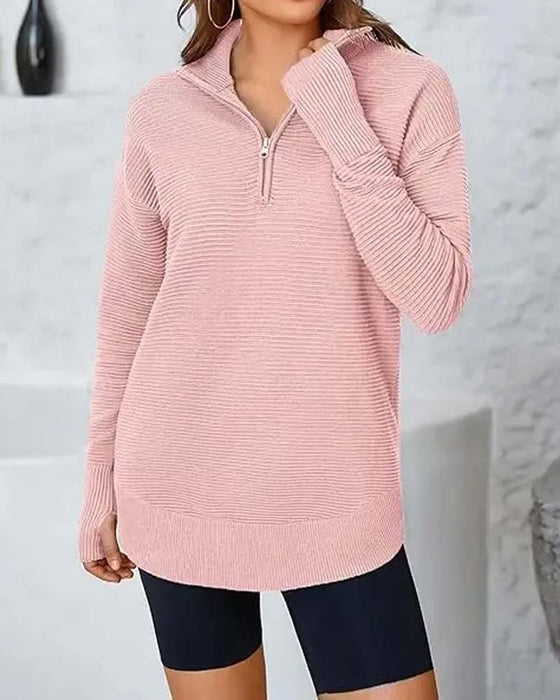 Collared Zipper Striped Long-Sleeve Sweatshirt
