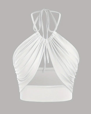 Women's Ruched Tie Back Halter Neck Crop Cami Top
