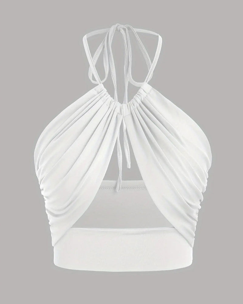 Women's Ruched Tie Back Halter Neck Crop Cami Top