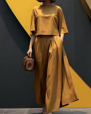 Solid Three-Quarter Sleeve Long Pants Two-Piece Set