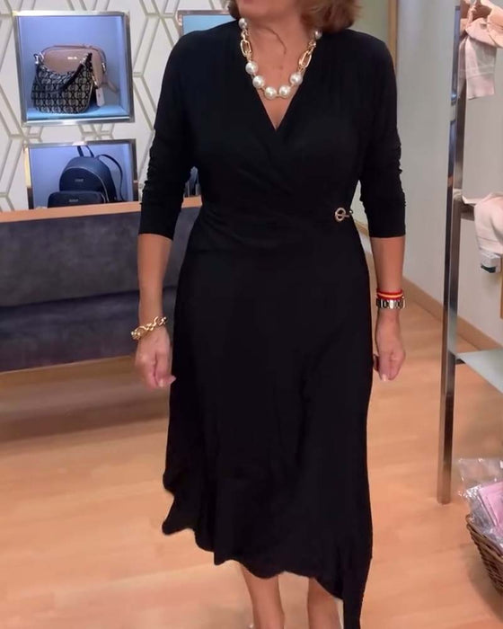 V-Neck Fitted Waist Slit Dress