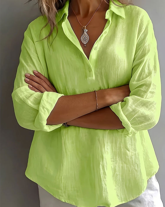 Solid Color Lapel Half-Placket Long Sleeve Blouse
