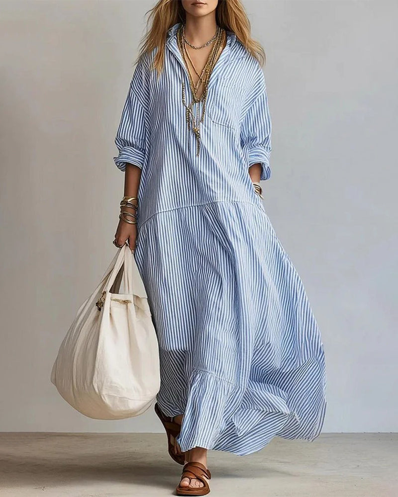 Casual Lapel Striped Long Dress
