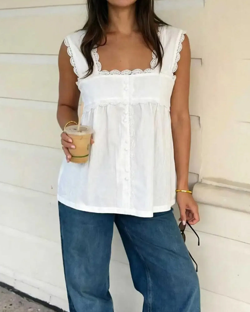Solid Color Square Neck Lace Tank Top