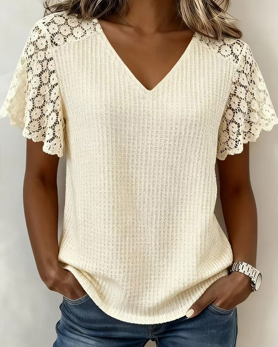 V-Neck Waffle Lace Patchwork Solid T-Shirt