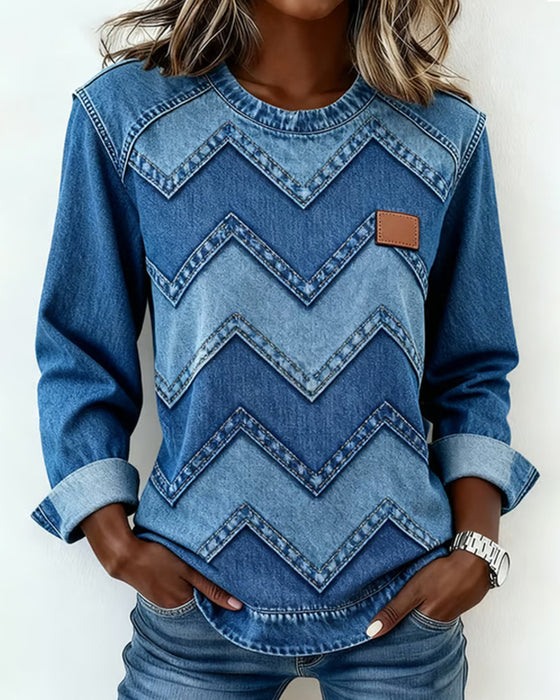 Denim Print Casual Long-Sleeve Sweatshirt