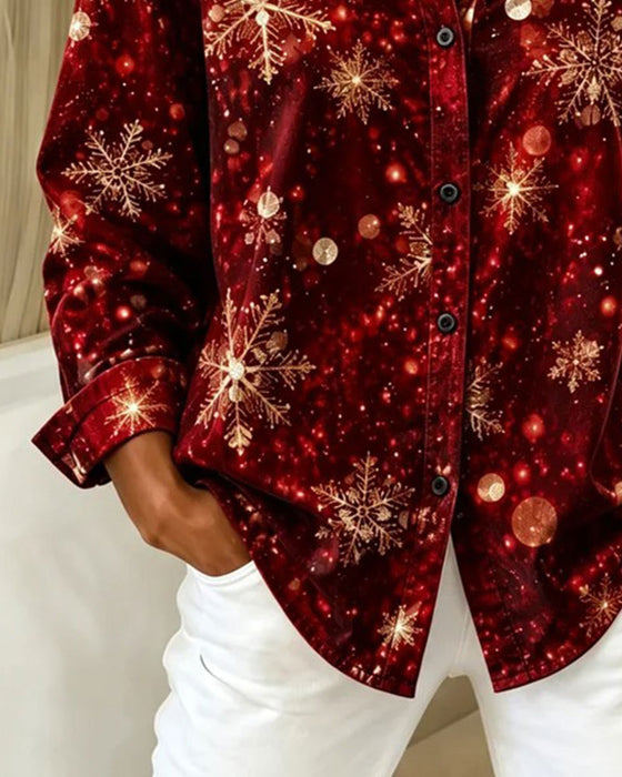 Lapel Button Snowflake Christmas Style Shirt