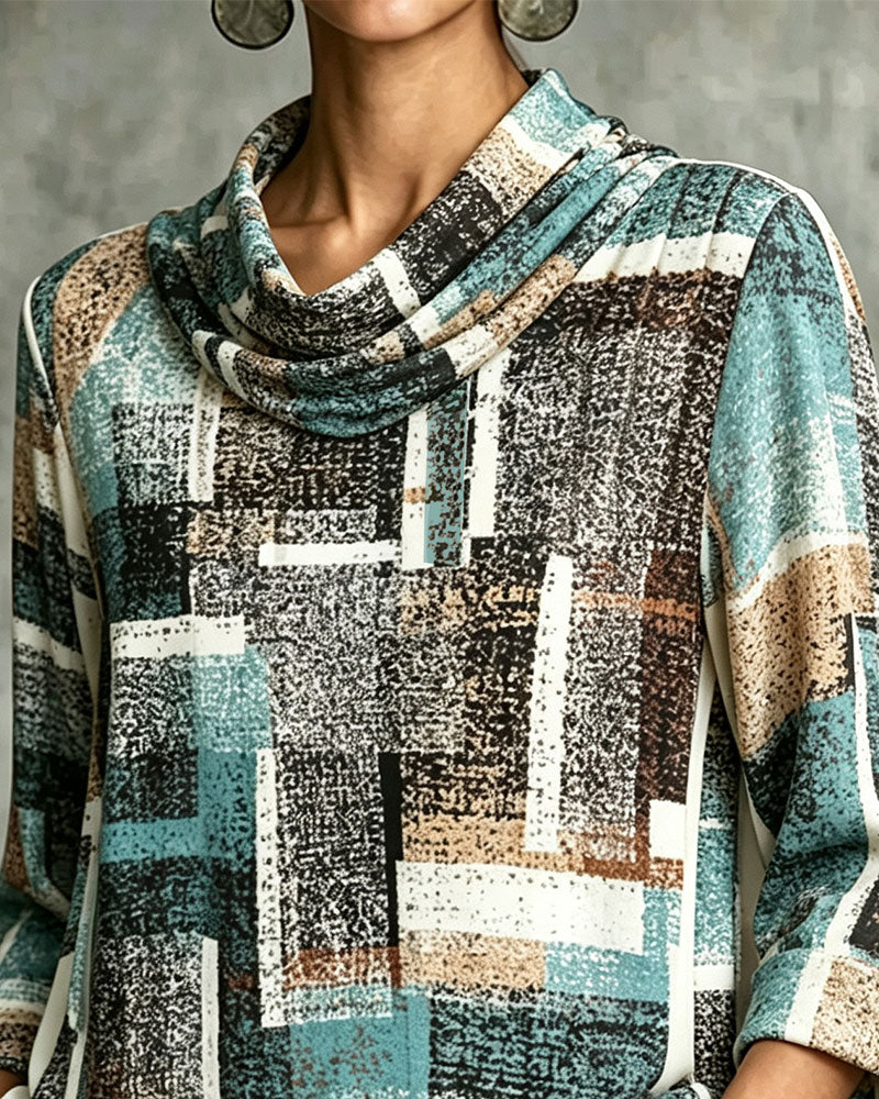 Geometric Print Slouchy Neck Elbow-Length Sleeve Blouse