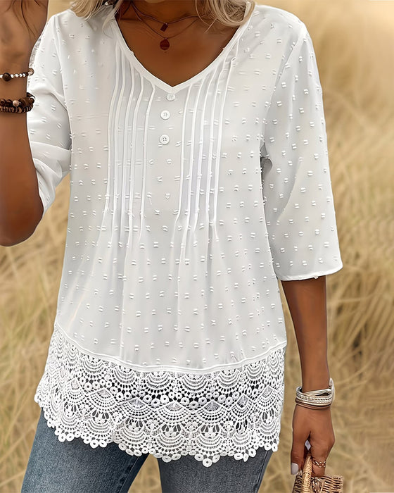Jacquard Lace Patchwork V-Neck Blouse