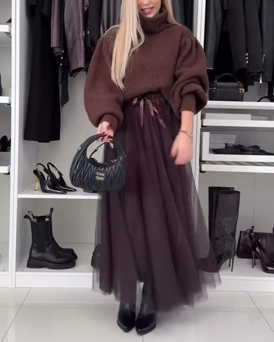 Casual solid color mesh lace-up pleated skirt