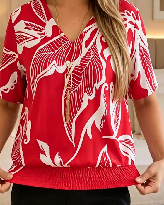Floral Print Elastic Hem Short Sleeve Blouse