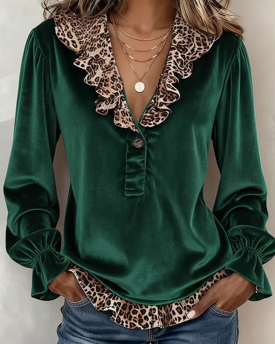 V-Neck Button Ruffle Leopard Top