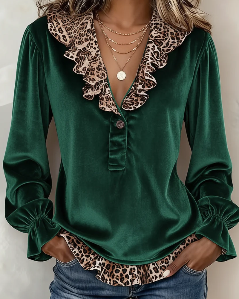 V-Neck Button Ruffle Leopard Top