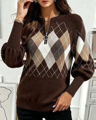 Plaid Jacquard Half-Zip Lantern Sleeve Pullover
