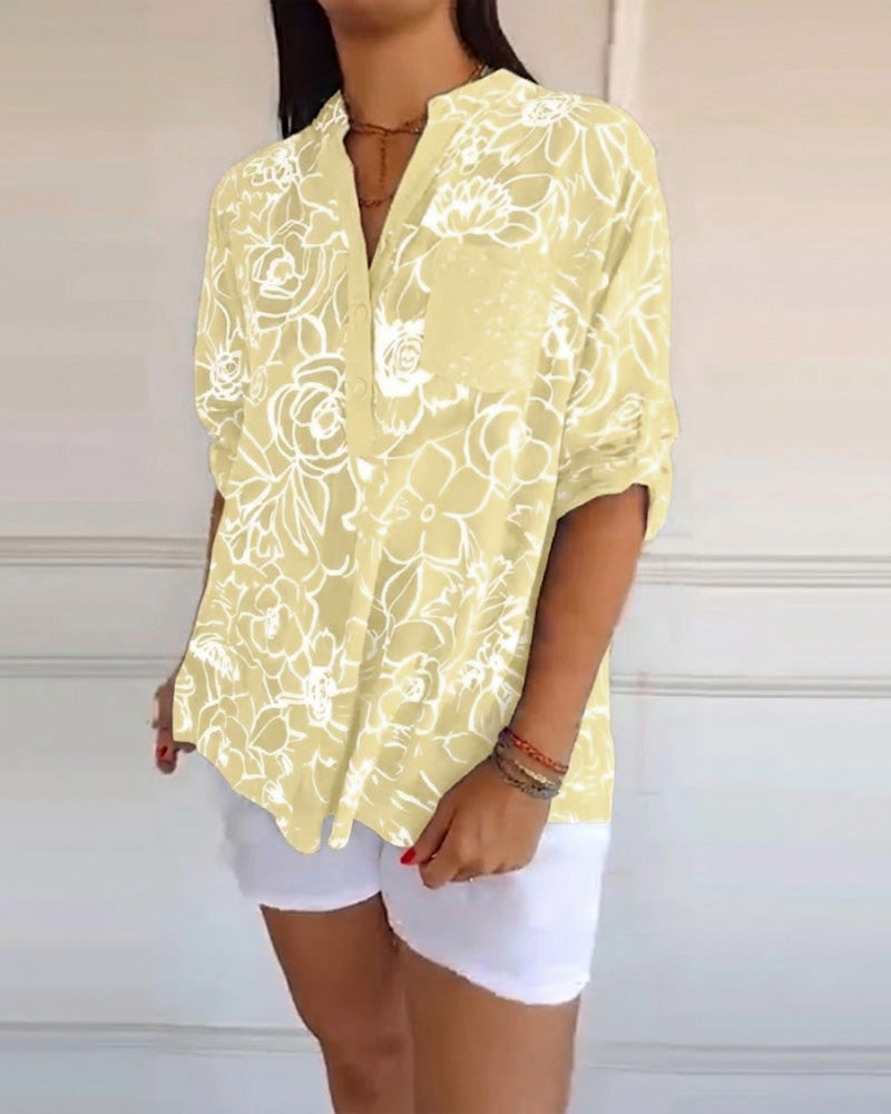 V-Neck Button-Down Printed Blouse