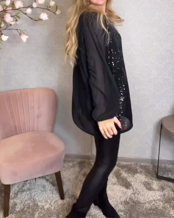 Round Neck Long Sleeve Sequin Shirt