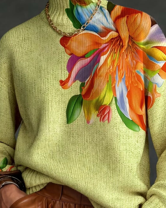 Turtleneck Floral Contrast Long-Sleeve Pullover