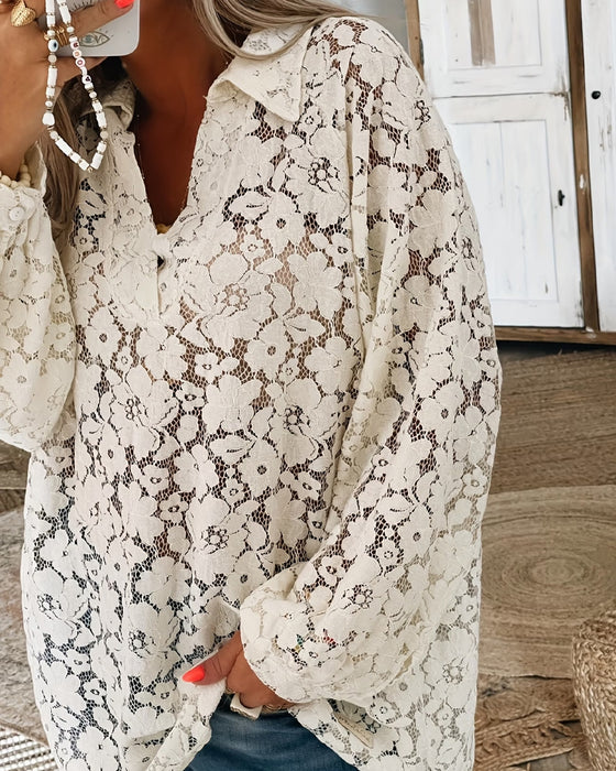 Floral Lace Lapel Long-Sleeved Blouse