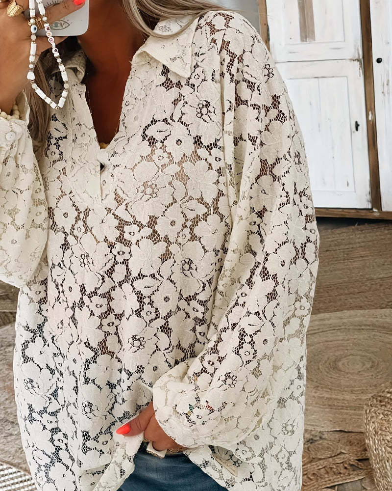 Floral Lace Lapel Long-Sleeved Blouse