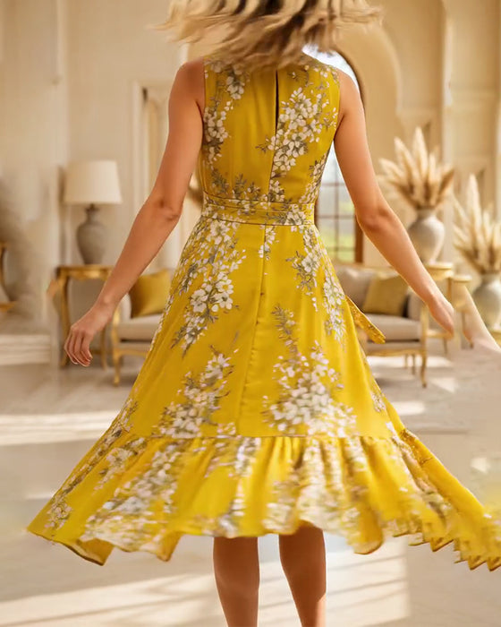 Mock Neck Sleeveless Waist-Cinching Floral Dress