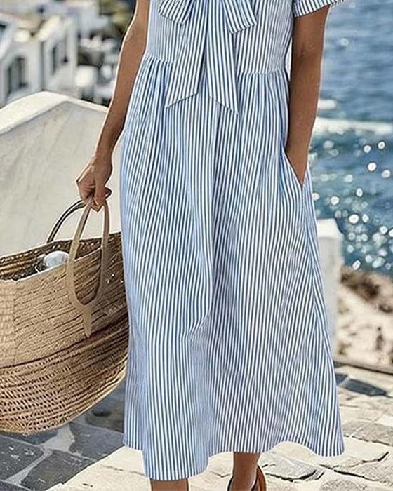 Striped Bow V-Neck Dress