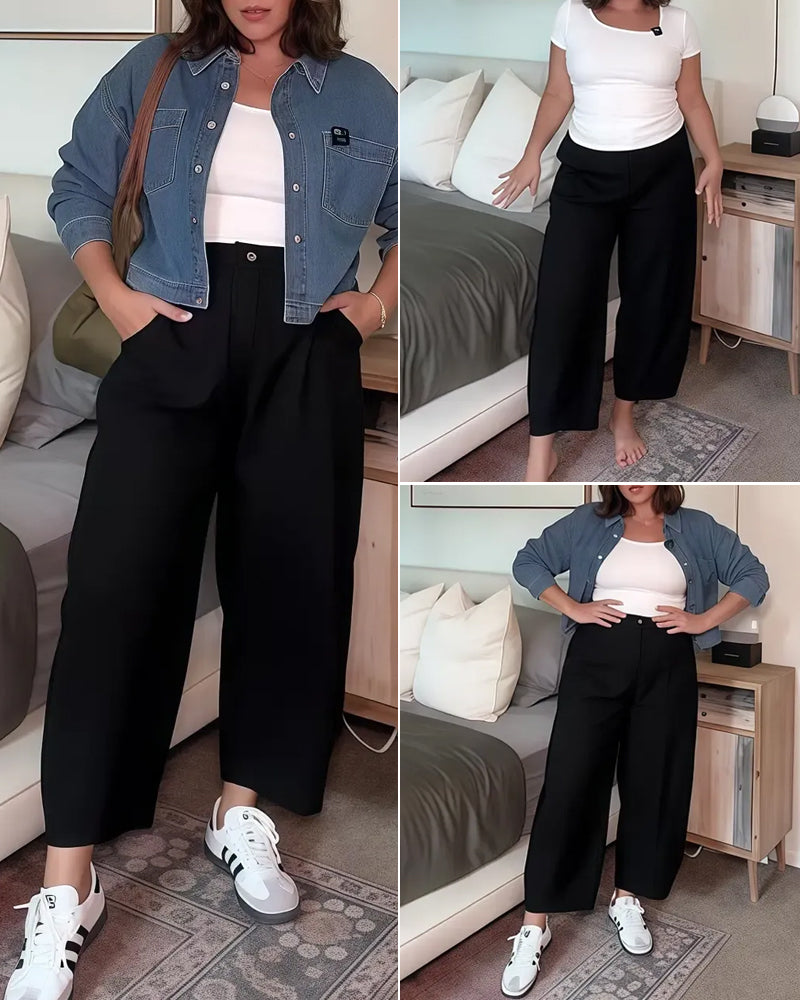 Button Pocket Wide-Leg Cropped Pants