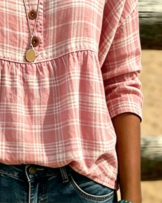 Vintage Plaid V-Neck Blouse