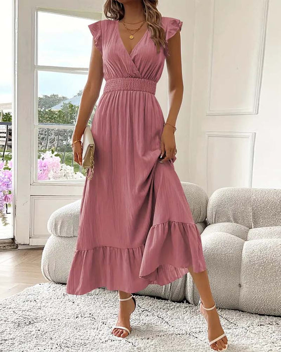 V-Neck Solid Color Waist Slim Dress