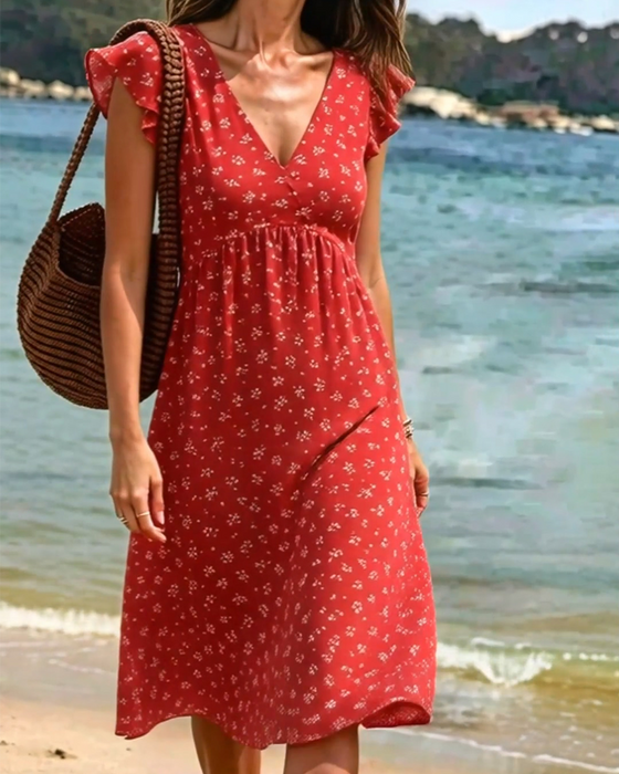 V-Neck Floral Small Flying Sleeves Dress