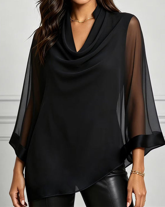 Mock Neck Irregular Solid Sheer Blouse