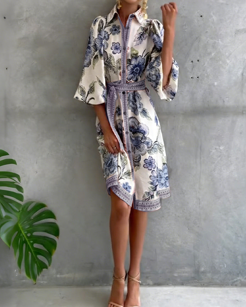 French Lantern Sleeve Notched Collar Printed Dress
