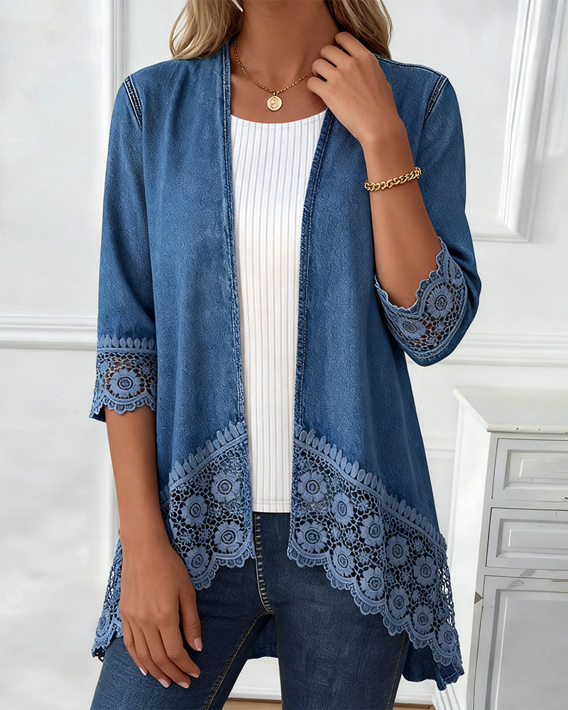 Lace Crochet Denim Patchwork Coat