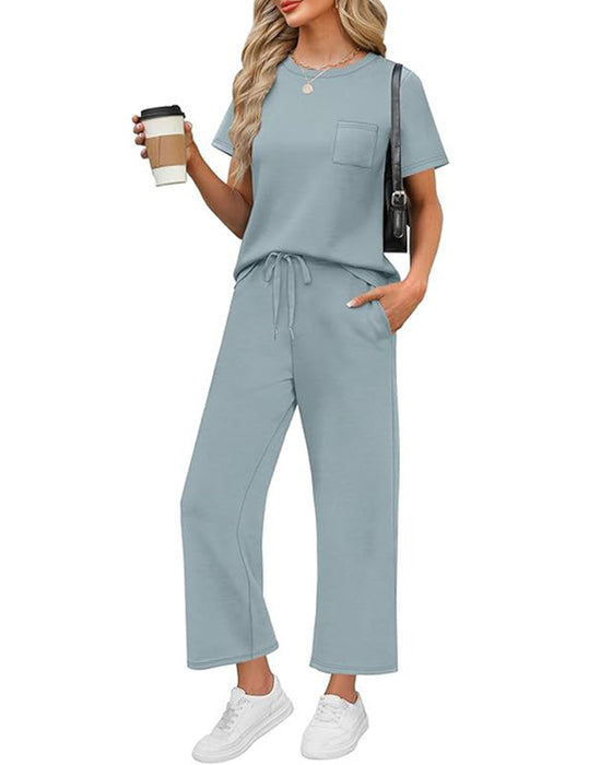 Solid Color Short Sleeve and Long Pants Set