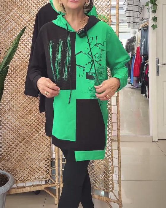 Casual Hooded Colorblock Printed Sweatshirt