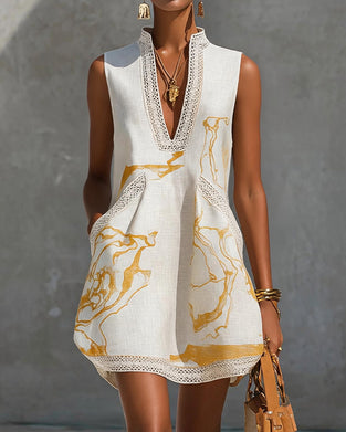 Stand Collar V-Neck Sleeveless Lace Patchwork Dress