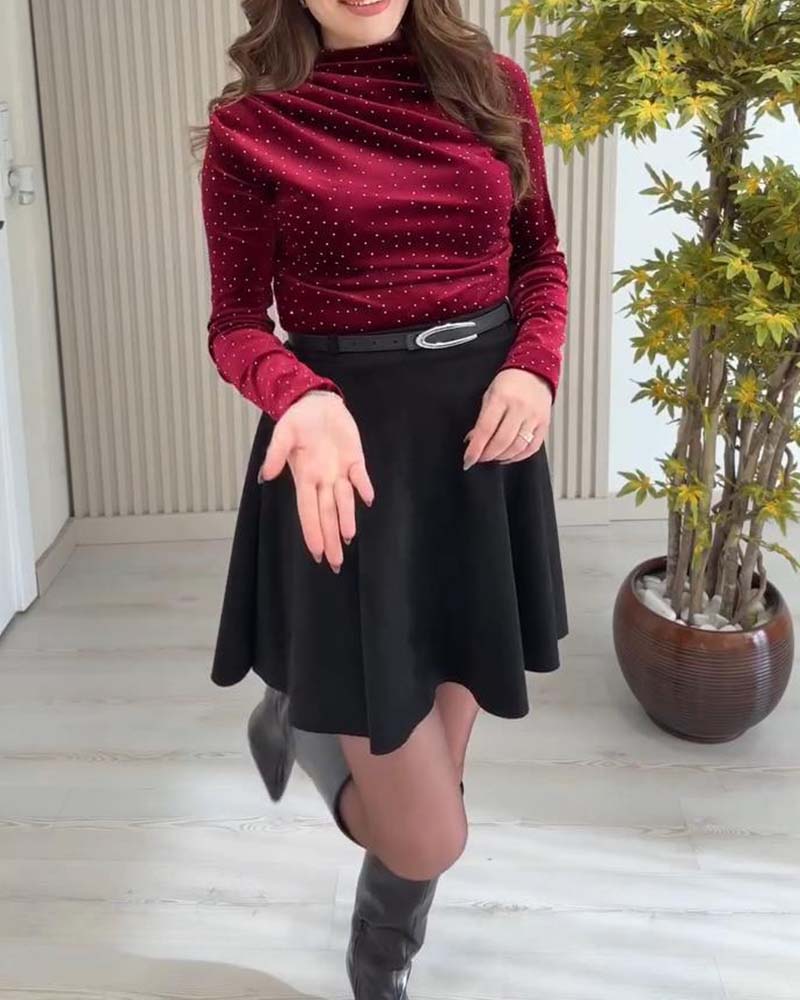 Solid Color Shimmering Long-Sleeved Top