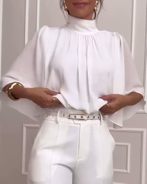 Solid color high collar  butterfly sleeve blouse
