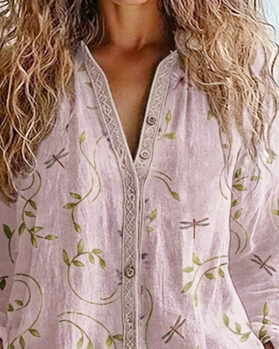 Dragonfly Embroidery V-Neck Blouse