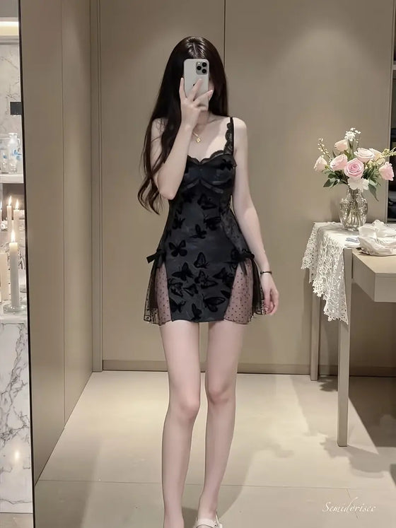 Women's Slim Fit Low V Lace-Up Butterfly Print Camisole Nightgown with Bralette and Backless Loungewear Set