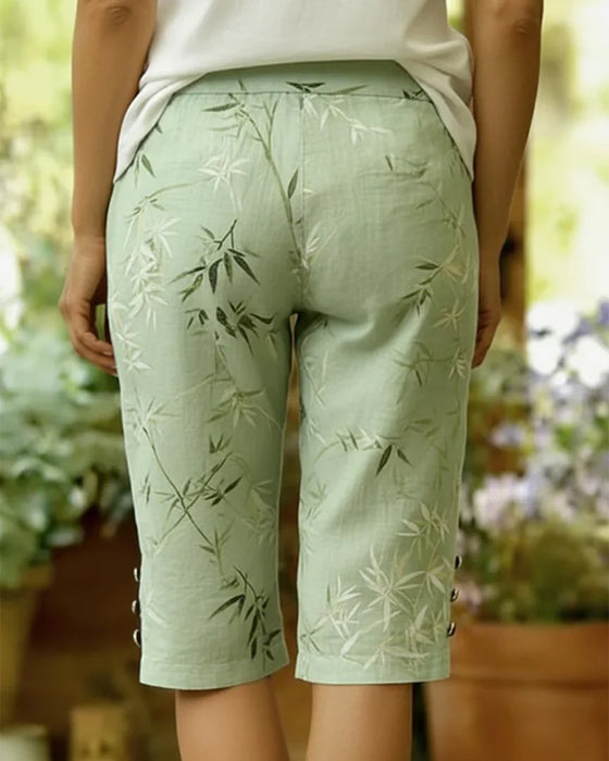 Bamboo Leaf Slit Button Cropped Pants