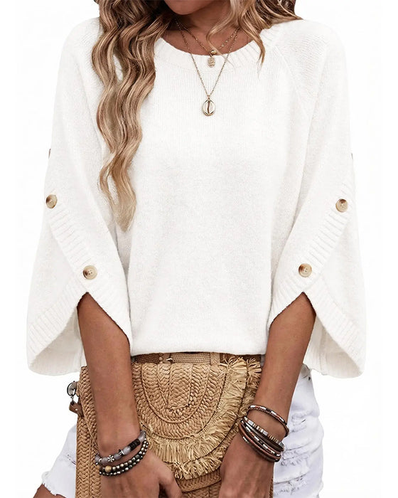 Crew Neck Button-Up Bell Sleeve Pullover