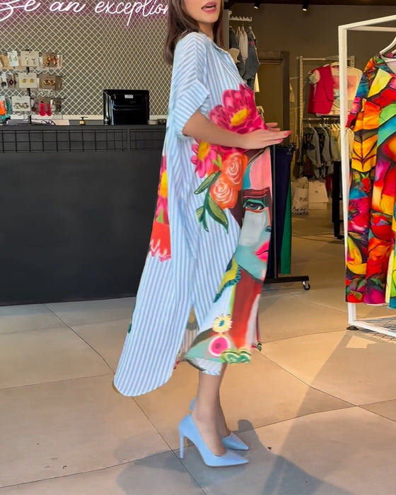 Vertical striped character print lapel slit blouse