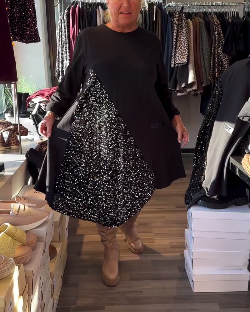 Sequin Panel Crew Neck Dress