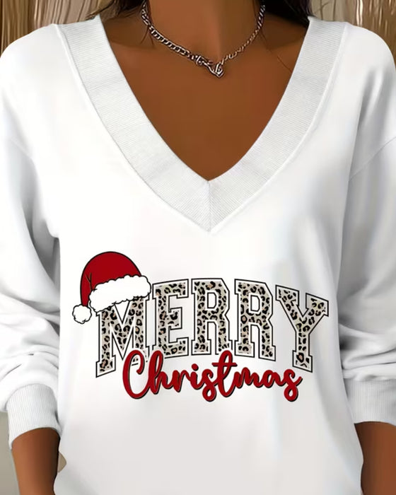 V-neck Christmas Print Sweatshirt