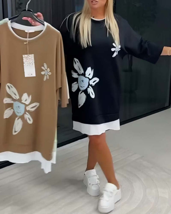 Crew Neck Printed Patchwork Sweatshirt Dress